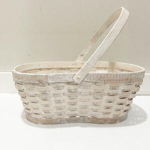 Vintage White Washed Floral Basket w/Handle Cottage-core Farmhouse